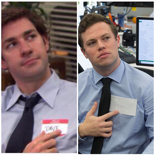 men wearing blue button down shirts and ties pointing at name tags saying dave