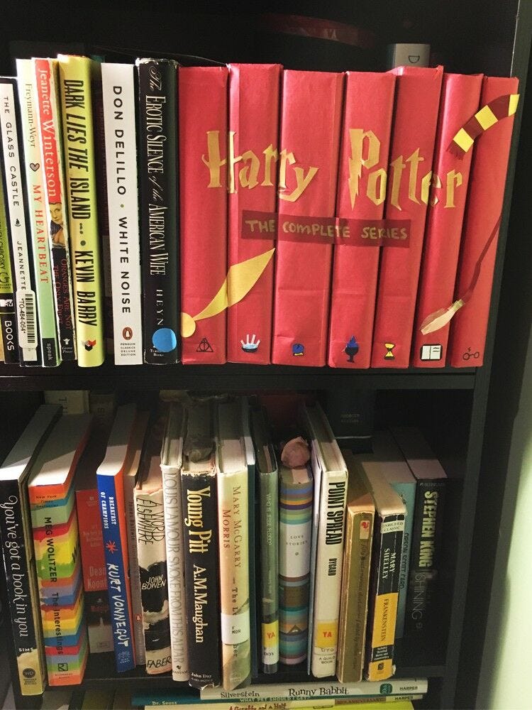 DIY harry potter book covers on shelf