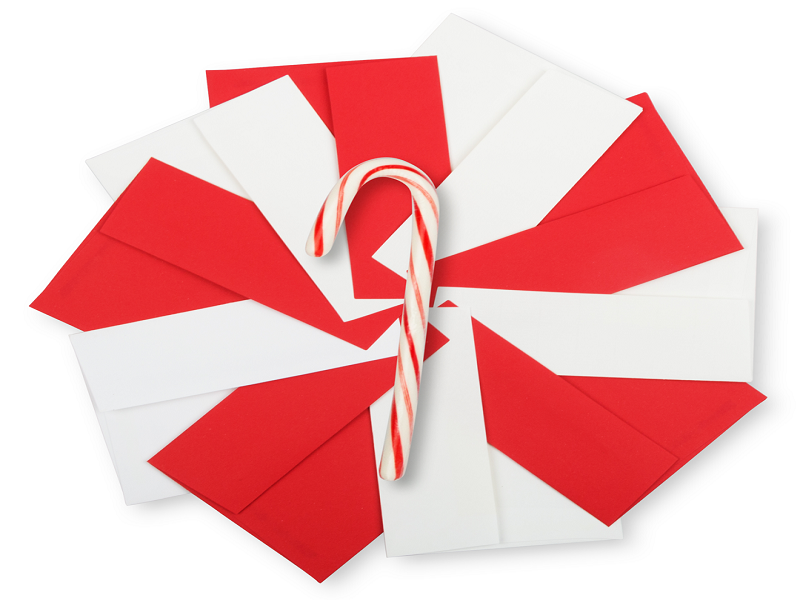 Candy Cane surrounded by a wheel of red and white envelopes