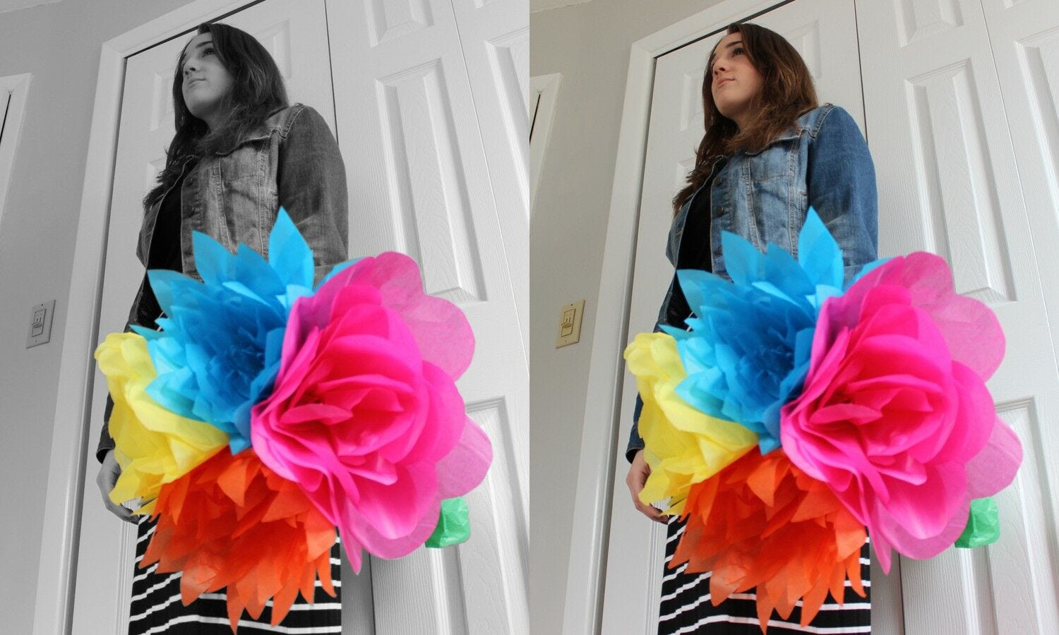 girl holding tissue paper flowers