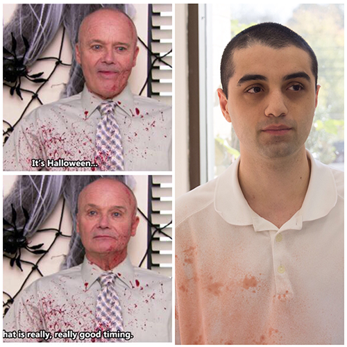 diy the office halloween costume: men in white red stained shirts with shaved heads