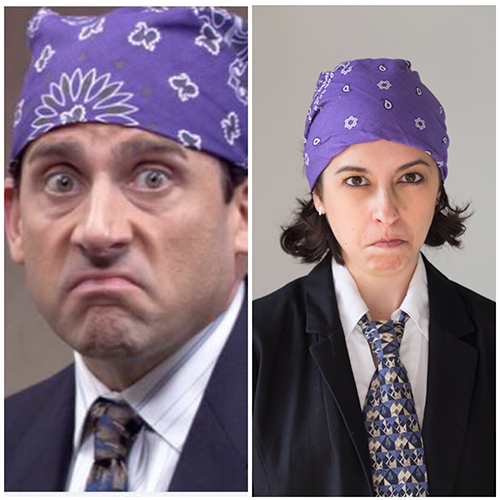 people in suits and tie wearing purple bandanna and frowning faces