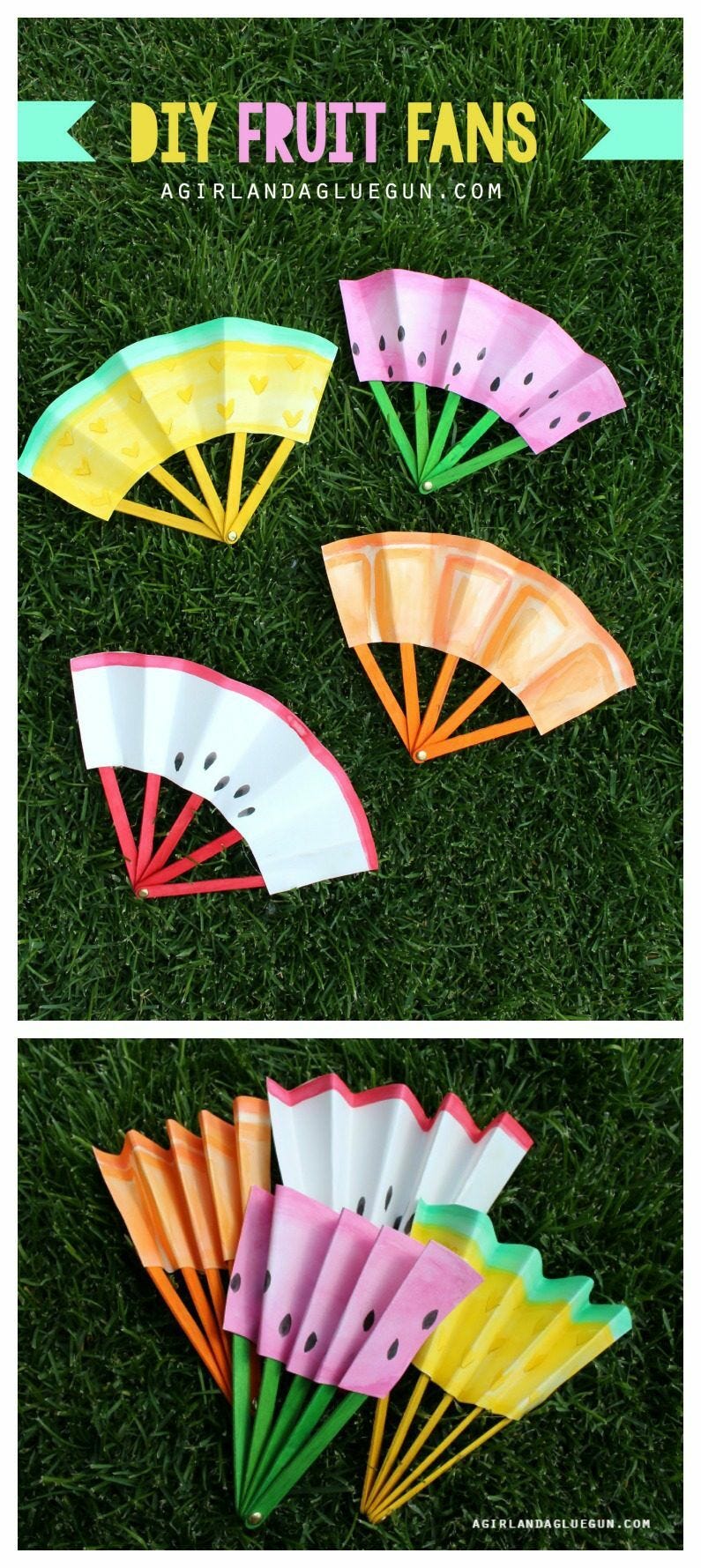 summer fun colorful diy fruit inspired paper folding fans on grass
