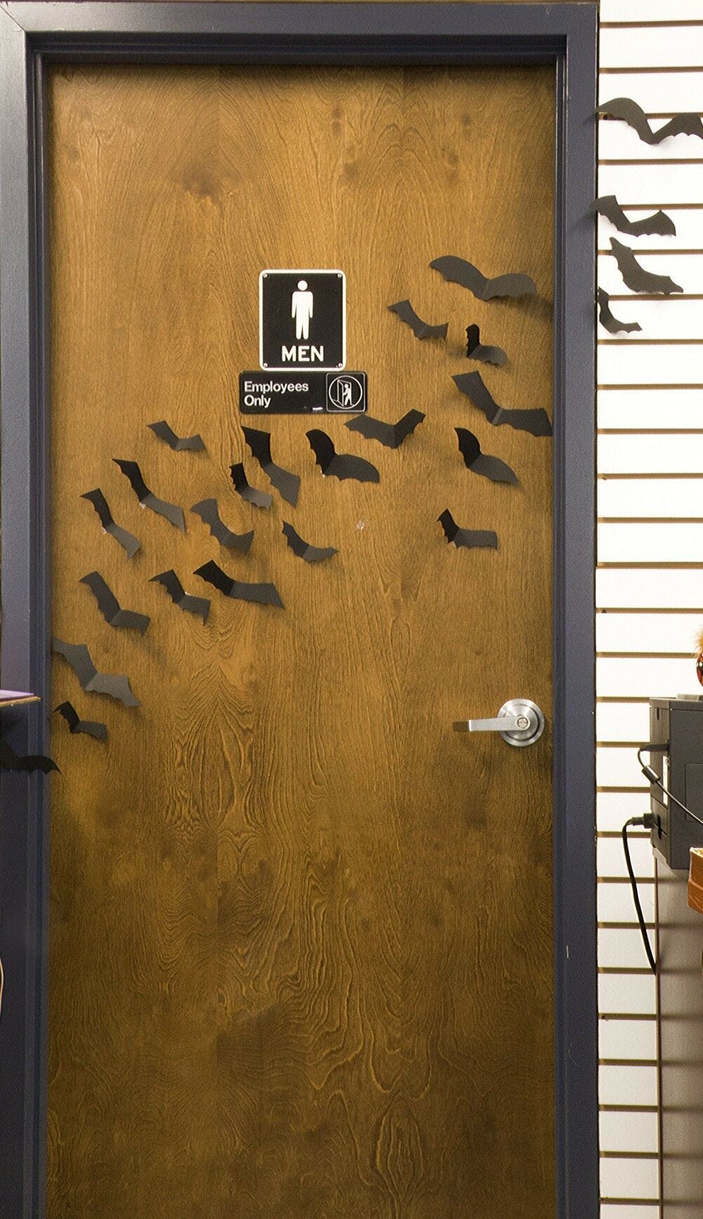 men's room, bathroom, door, wood, bats