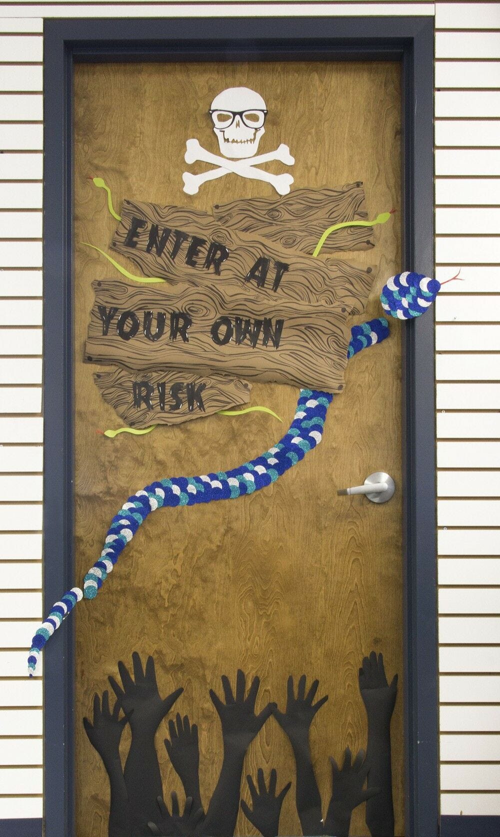 Skull, snake, "Enter at your own risk" door, wood, skull and bones, hands, snakes, halloween, halloween door decorations