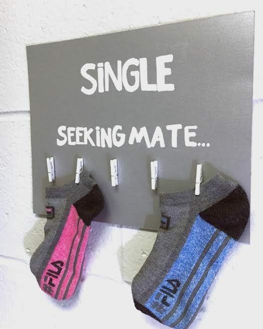 "Single. Seeking Mate..." two socks clipped to boad