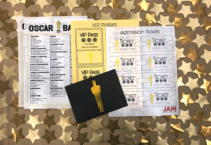 Gold stars, Oscar ballot, VIP passes, tickets, Oscar trophy