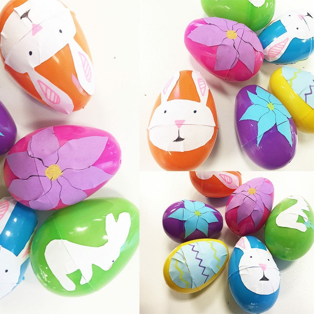 Easy DIY Easter Sticker Egg Decorations, eggs of different colors with East bunnies and flower label designs 