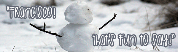 snowman with stick arms against snowy white background with gray text