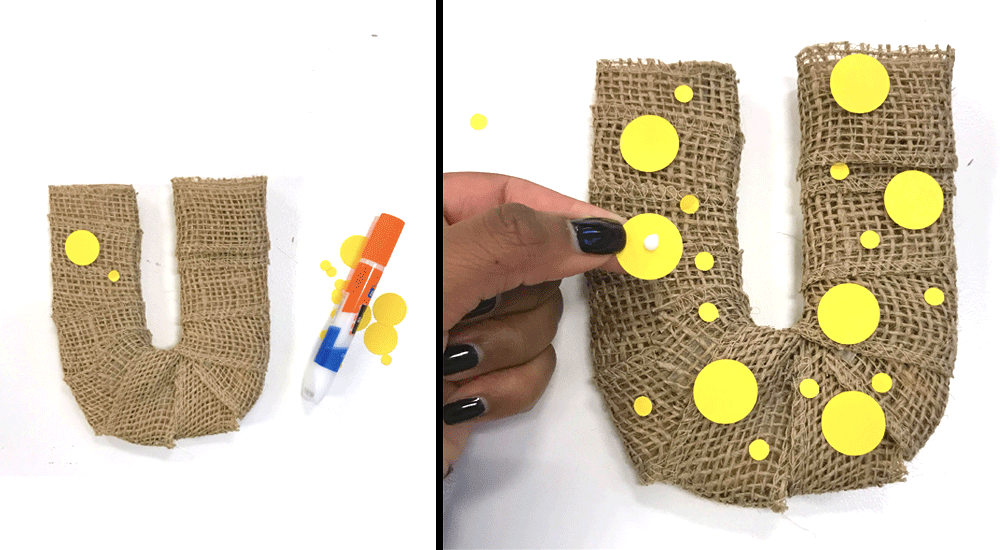 gluing different sized yellow paper dots onto diy burlap letters