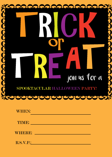 orange and black trick or treat halloween party invite