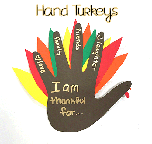 hand turkey made with colorful paper and marker