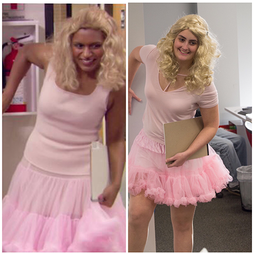 Kelly Kapoor as Carrie Bradshaw Halloween Comparison Costumes diy the office halloween costume women in pink tutu skirts with blonde wigs