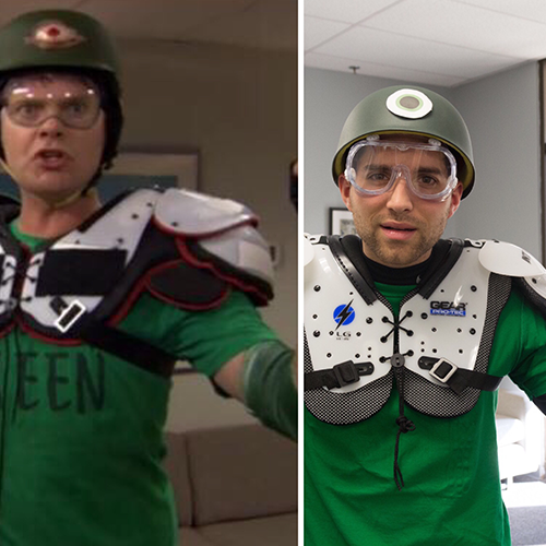 Dwight Schrute as Recyclops The Office Halloween Comparison diy the office halloween costume men in green hockey gear with goggles