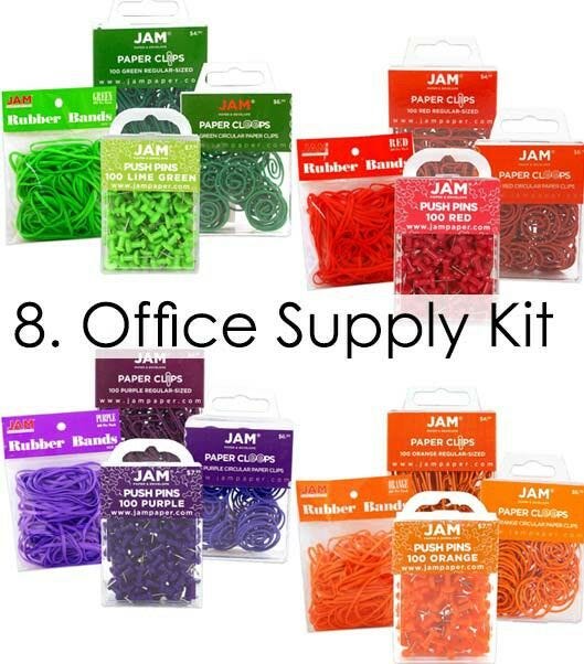 assortment of colorful office supply kits with colorful office supplies