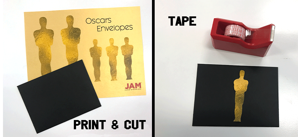 Printed Oscar trophy cutouts, black paper, tape