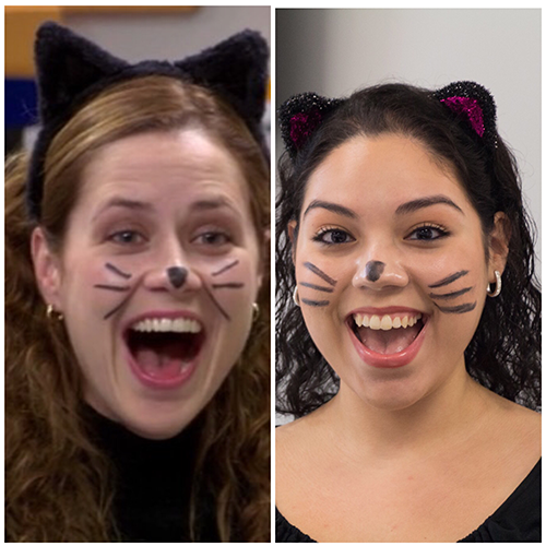 women wearing black cat ears and shirt with painted nose and whiskers