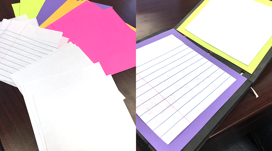 Back to School DIY Memory Book: bright colored paper and white lined paper spread