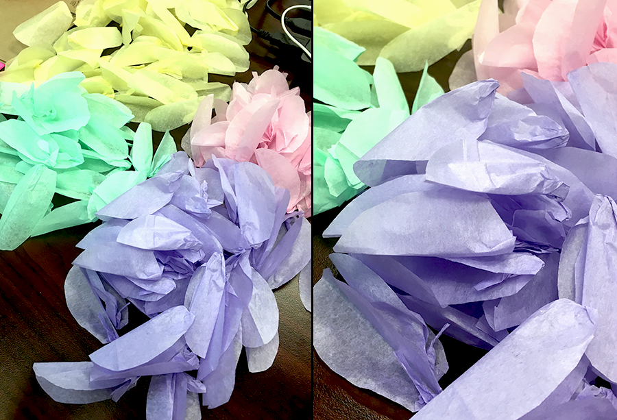 closeup of purple tissue paper flowers