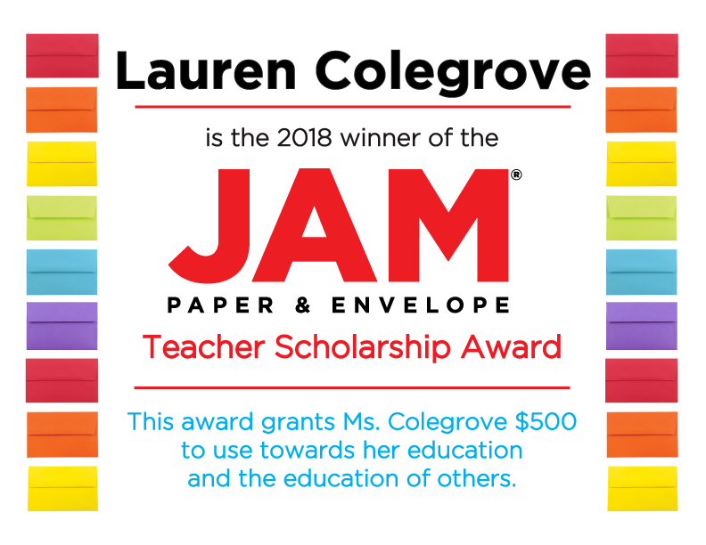 JAM Teacher Scholarship Winner 2018 certificate with colorful envelope border