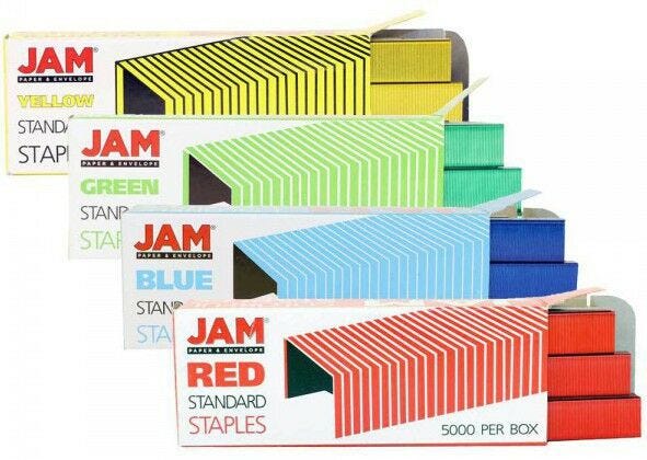 JAM standard colorful staples office supply in boxes yellow green blue red