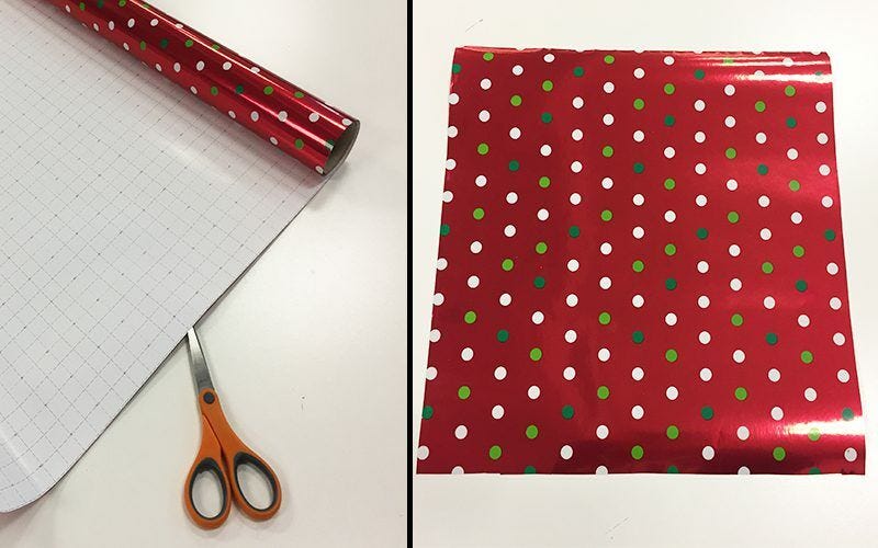 Red wrapping paper, scissors