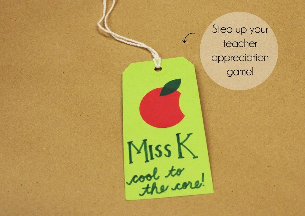 Gift tag for teacher - apple, "Miss K, cool to the core" 9 Adorable DIY Gift Tag Ideas!