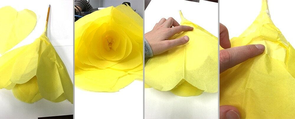 taping flower petals on pencil