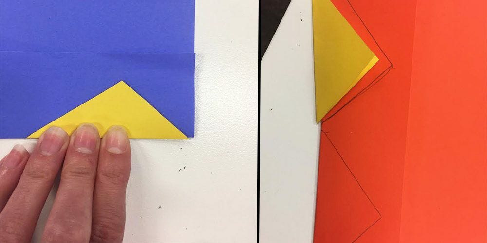 yellow triangles attached to red and blue paper