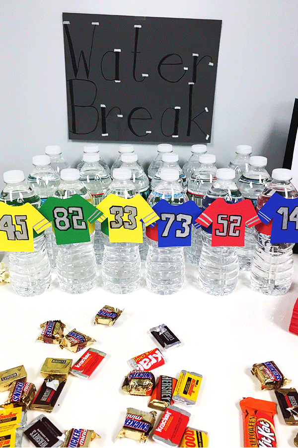 how to host a football party, paper, football, water bottles