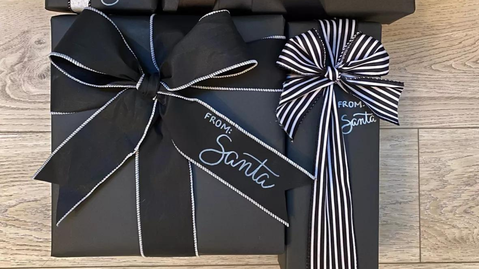 Elegant black Christmas theme. Wrapped gifts in black matte paper