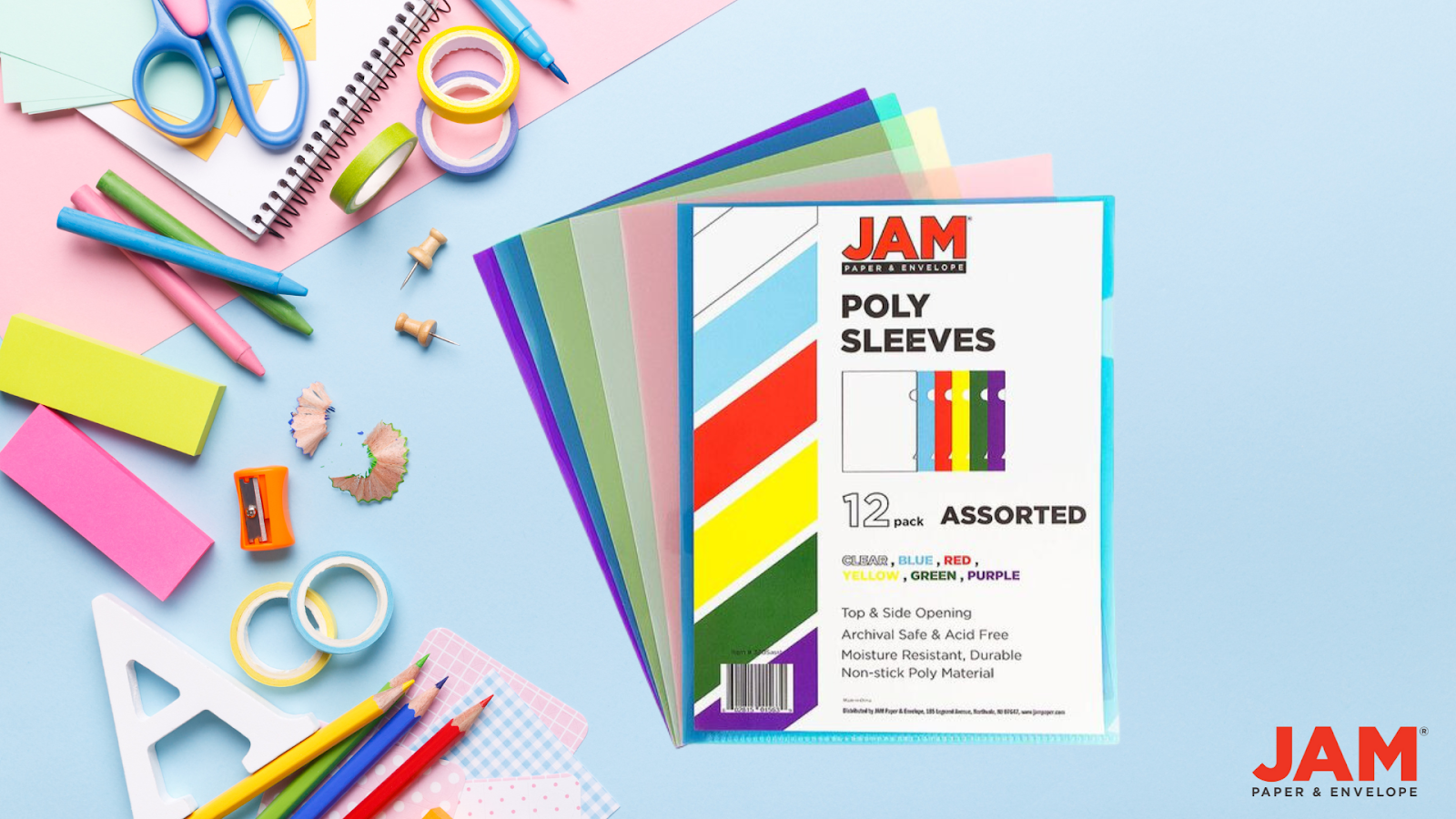 Jam Paper Plastic Sleeves, Legal size, 9 x 14 1/2, Assorted, 12 Page Protectors per Pack