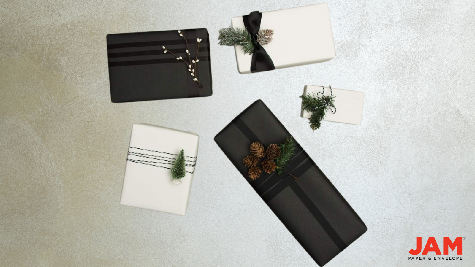 Elegant black Christmas theme. Wrapped gifts in black matte paper